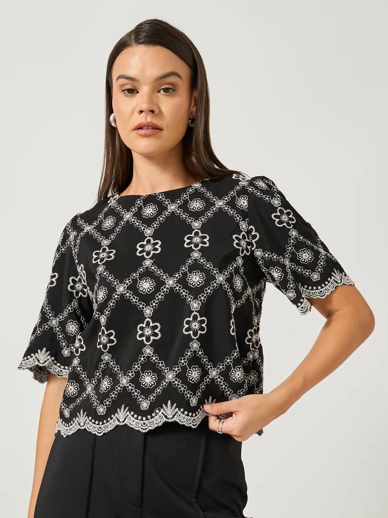 Embroidered Boat Neck Boxy Blouse - 2