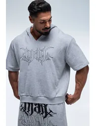 Man Active Boxy Short Sleeve Hoodie V Neck - grey marl