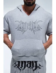 Man Active Boxy Short Sleeve Hoodie V Neck - grey marl - 2