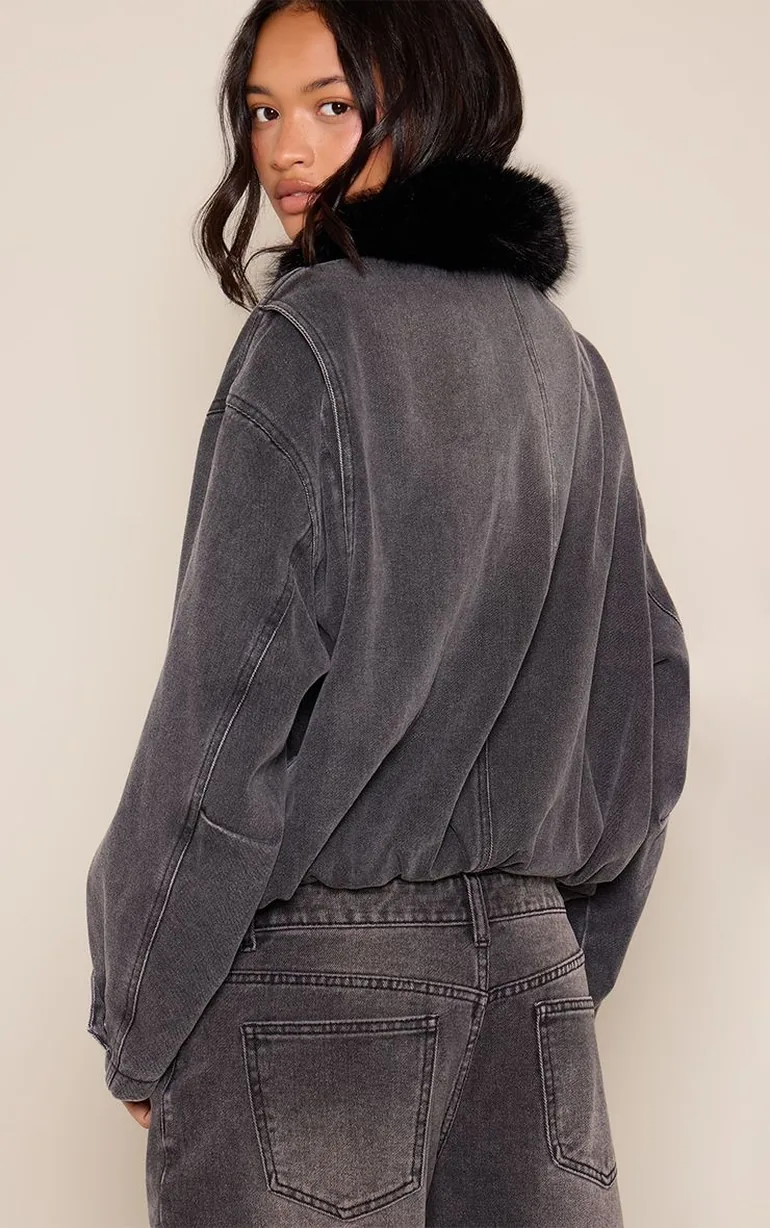 Dark Grey Fur Collar Oversized Denim Jacket - 2