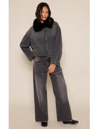 Dark Grey Fur Collar Oversized Denim Jacket
