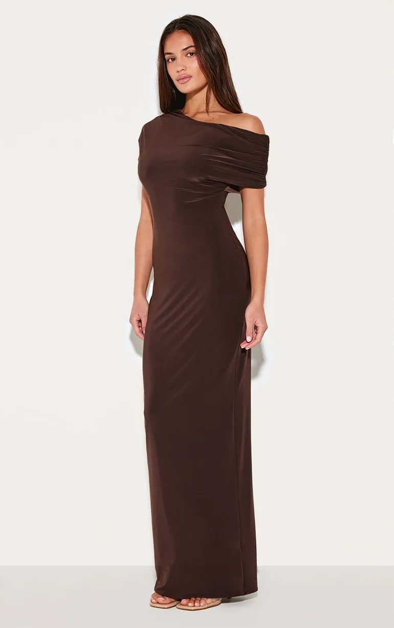 Dark Chocolate Double Layer Slinky Asymmetric Ruched Sleeve Maxi Dress - 2