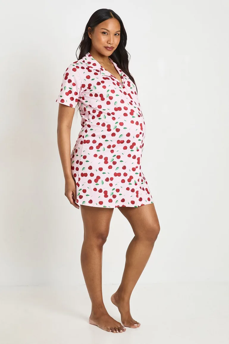 Maternity Cherry Print Nightie - pink - 2