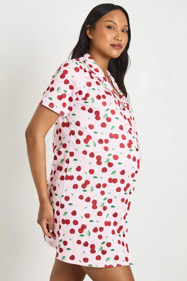Maternity Cherry Print Nightie - pink - 3