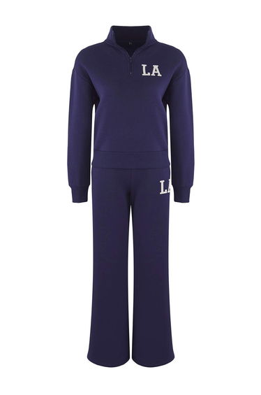 Teen Navy Blue Embroidered Stand Collar Zippered Wideleg/Wide Leg Knitted Bottom - Top Set