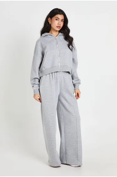 Boxy Crop Zip Through And Straight Leg Jogger Tracksuit - grey marl