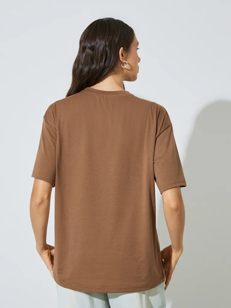 Brown Oversized Slogan Print T-Shirt - 4