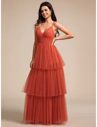 Tiered Spaghetti Strap Tulle Maxi Bridesmaid Dress - 1