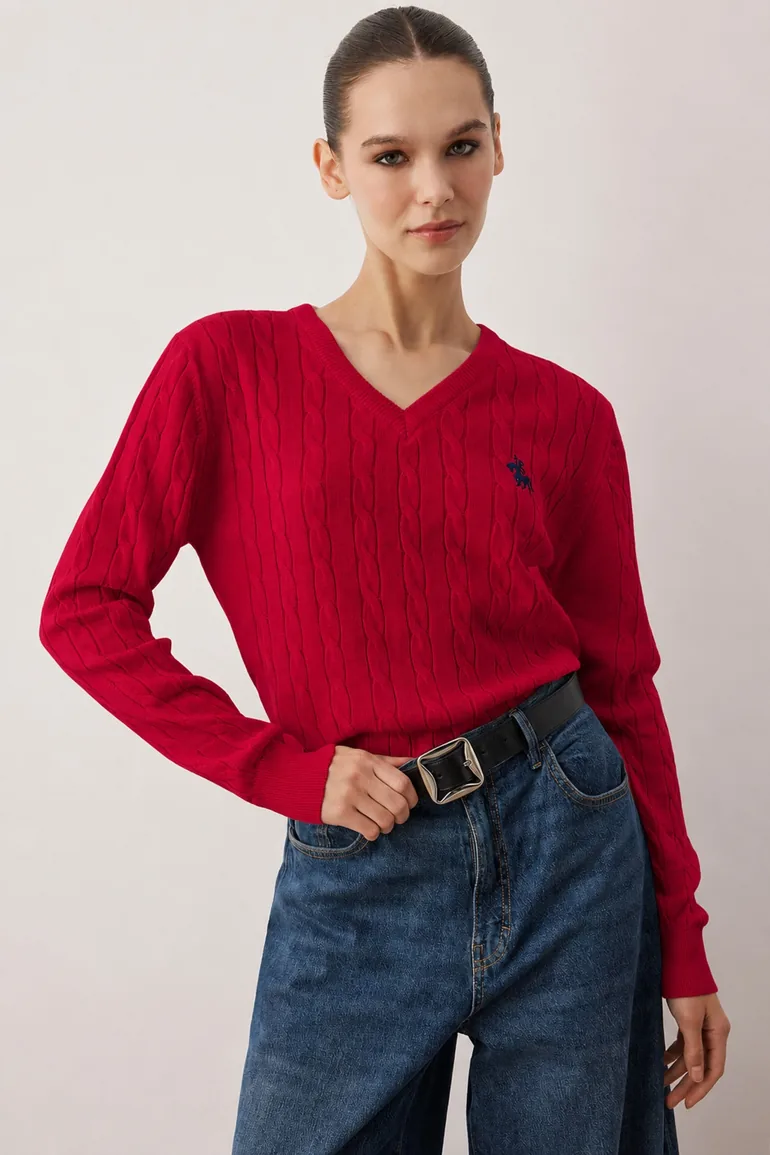 Red Horse Embroidered V-Neck Hair Knitwear Sweater