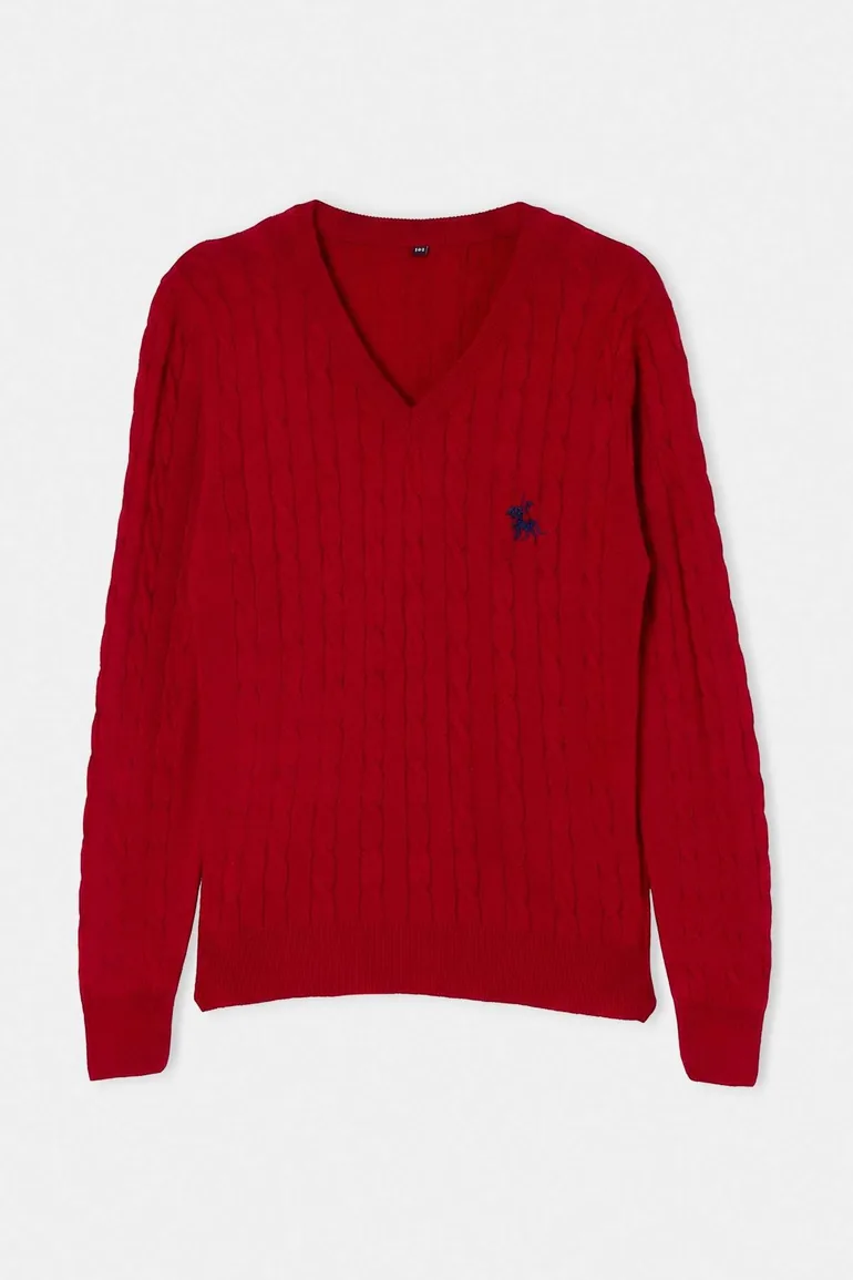 Red Horse Embroidered V-Neck Hair Knitwear Sweater - 4