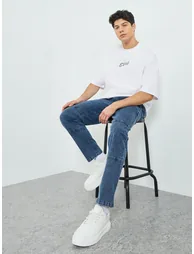 Men Washed Chambray Trousers with Cut and Sew Detail - 1