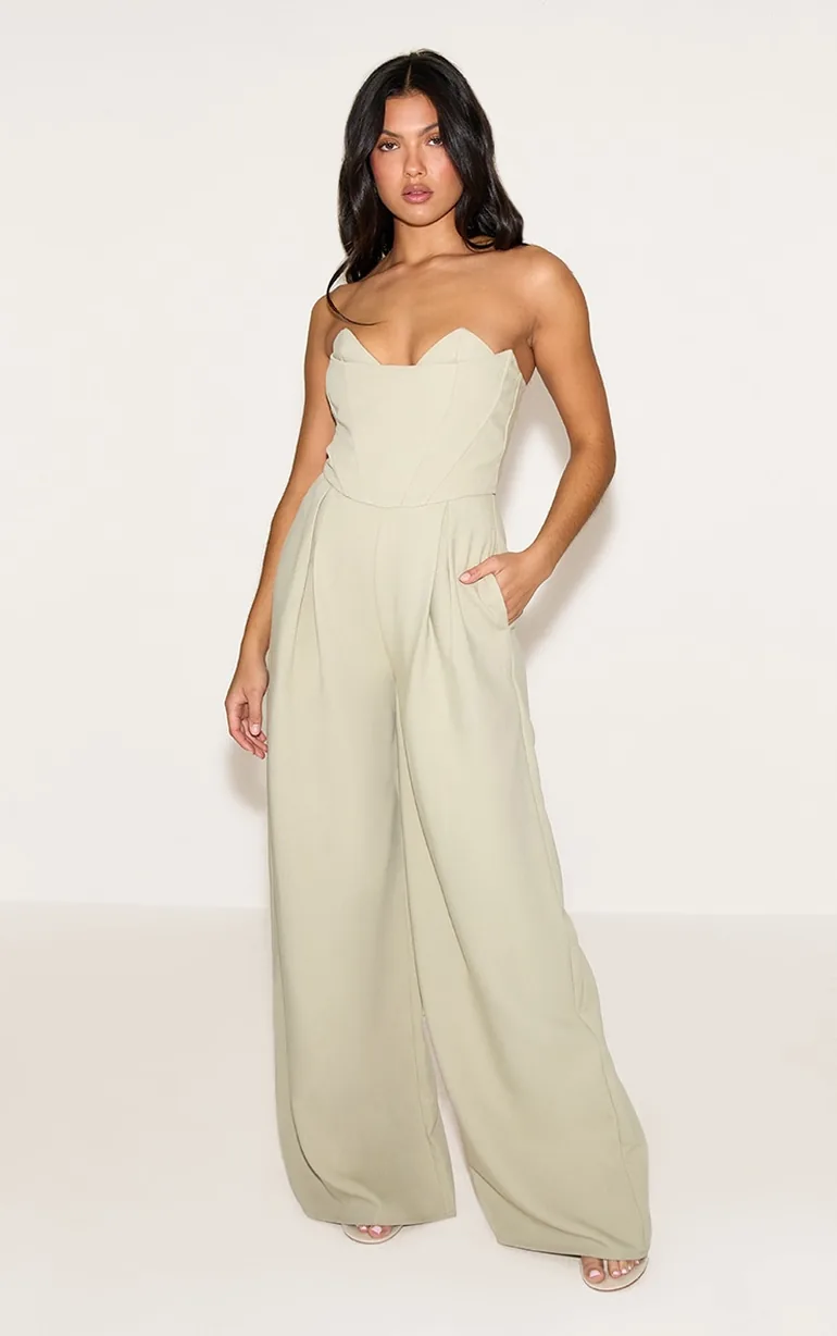 PLT Label Sage Corset Bust Detail Wide Leg Tailored Jumpsuit