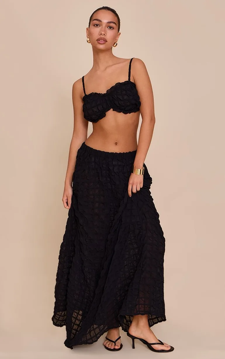 Black Textured Shirred Maxi Skirt - 5