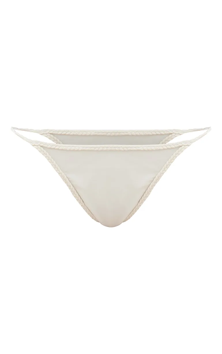 Cream Plait Binding Tanga Bikini Bottoms - 3