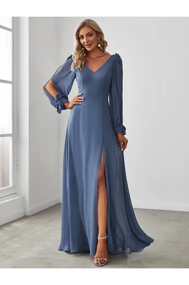 A Line V Neck Bridesmaid Dresses With High Split
