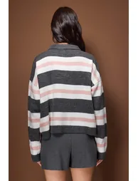Anthracite polo neck burgundy striped knitwear sweater - 3