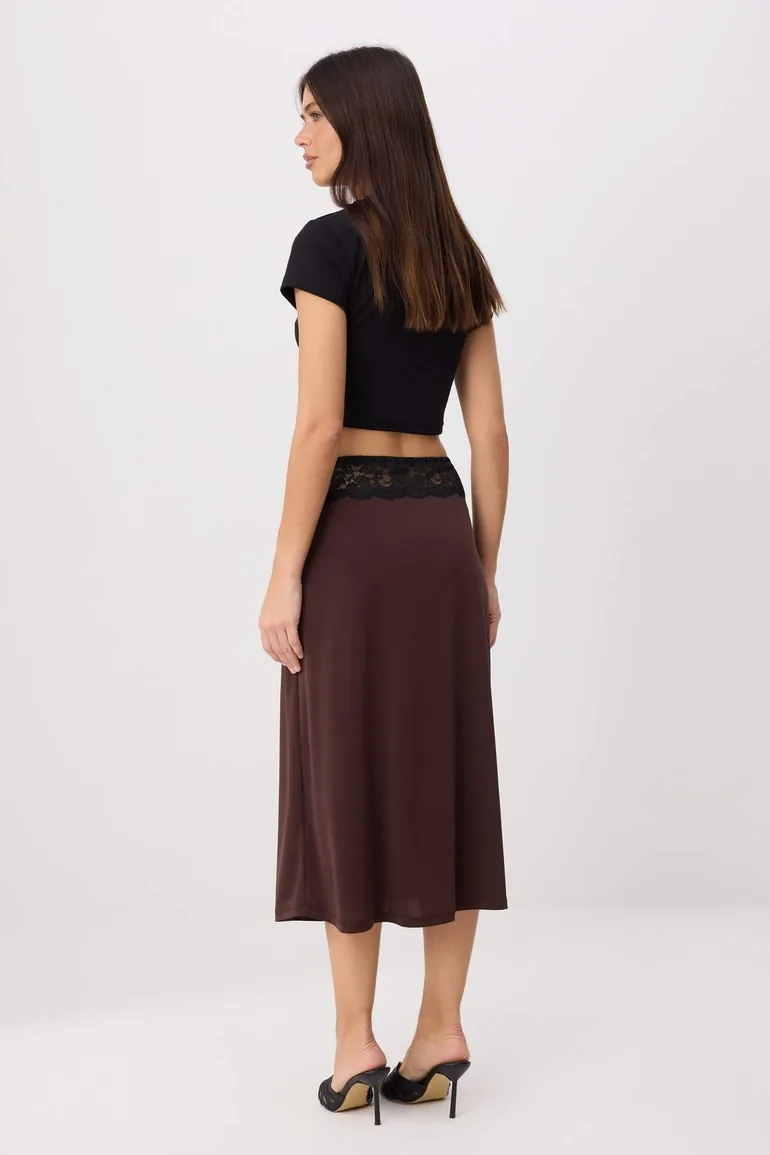 Dark Brown Straight Midi Stretchy Lace Detailed Knitted Skirt - 5