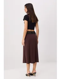 Dark Brown Straight Midi Stretchy Lace Detailed Knitted Skirt - 5