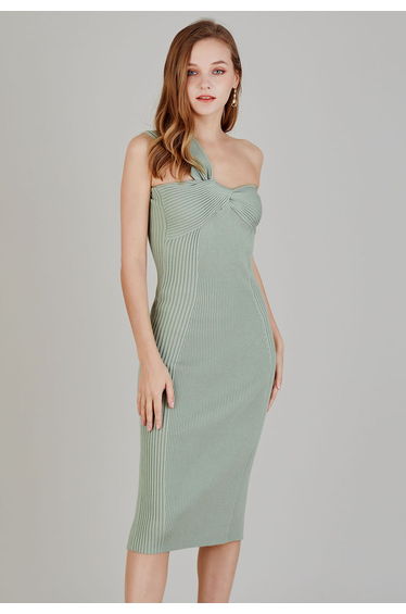 One-Shoulder Knotted Bodycon Knit Dress in Pea Green product thumbnail 2