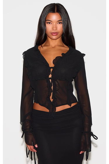 Black Chiffon Ruffle Tie Front Blouse product thumbnail 2