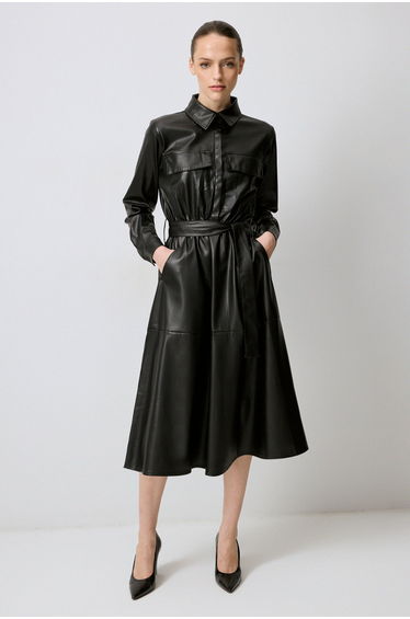 LONG LEATHER DRESS WITH FRONT POCKETS