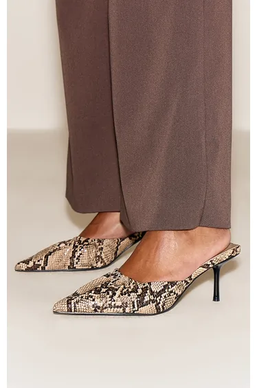 Natural Snake PU Ruched Low Heel Court Mule