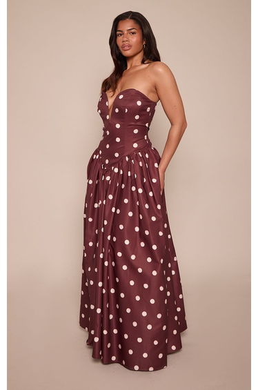 Shape Chocolate & Cream Polka Dot Sweetheart Plunge Maxi Dress product thumbnail 2