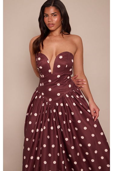 Shape Chocolate & Cream Polka Dot Sweetheart Plunge Maxi Dress product thumbnail 4