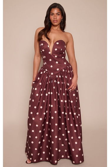 Shape Chocolate & Cream Polka Dot Sweetheart Plunge Maxi Dress