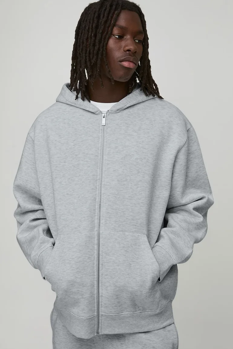 Basic BM Signature Oversized Zip Through Hoodie - grey marl