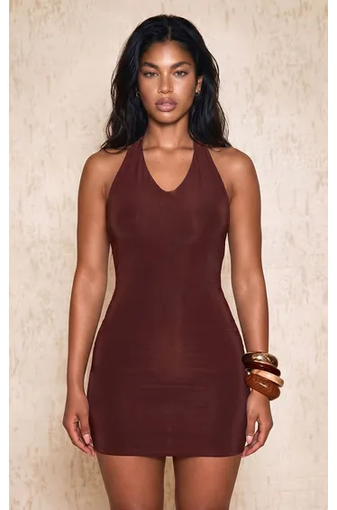 Chocolate Double Layer Slinky Scoop Neck Open Back Mini Dress