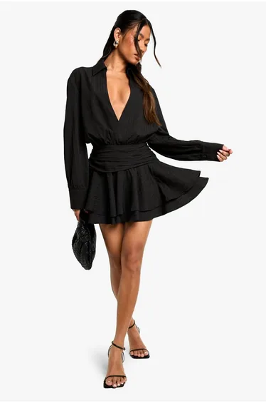 Textured Ruched Frill Skirt Mini Dress - black