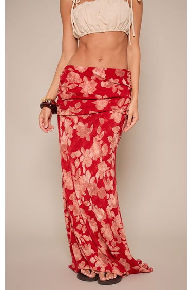 Red Floral Chiffon Drape Maxi Skirt product thumbnail 2