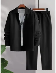 Men Black Textured Shirt and Pants Co-Ords
