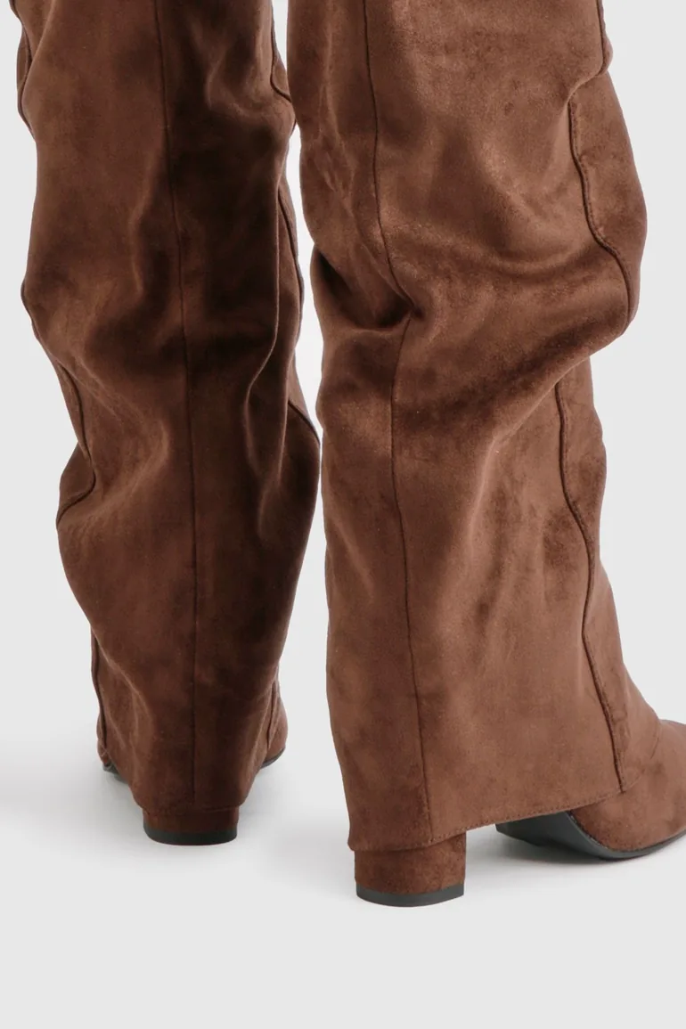 Faux Suede Slouchy Knee High Fold Over Boots - chocolate - 3