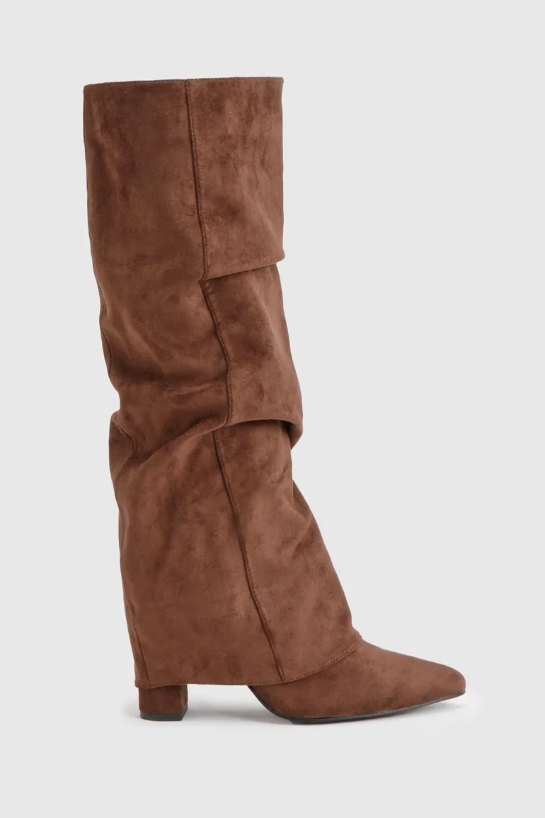 Faux Suede Slouchy Knee High Fold Over Boots - chocolate - 2