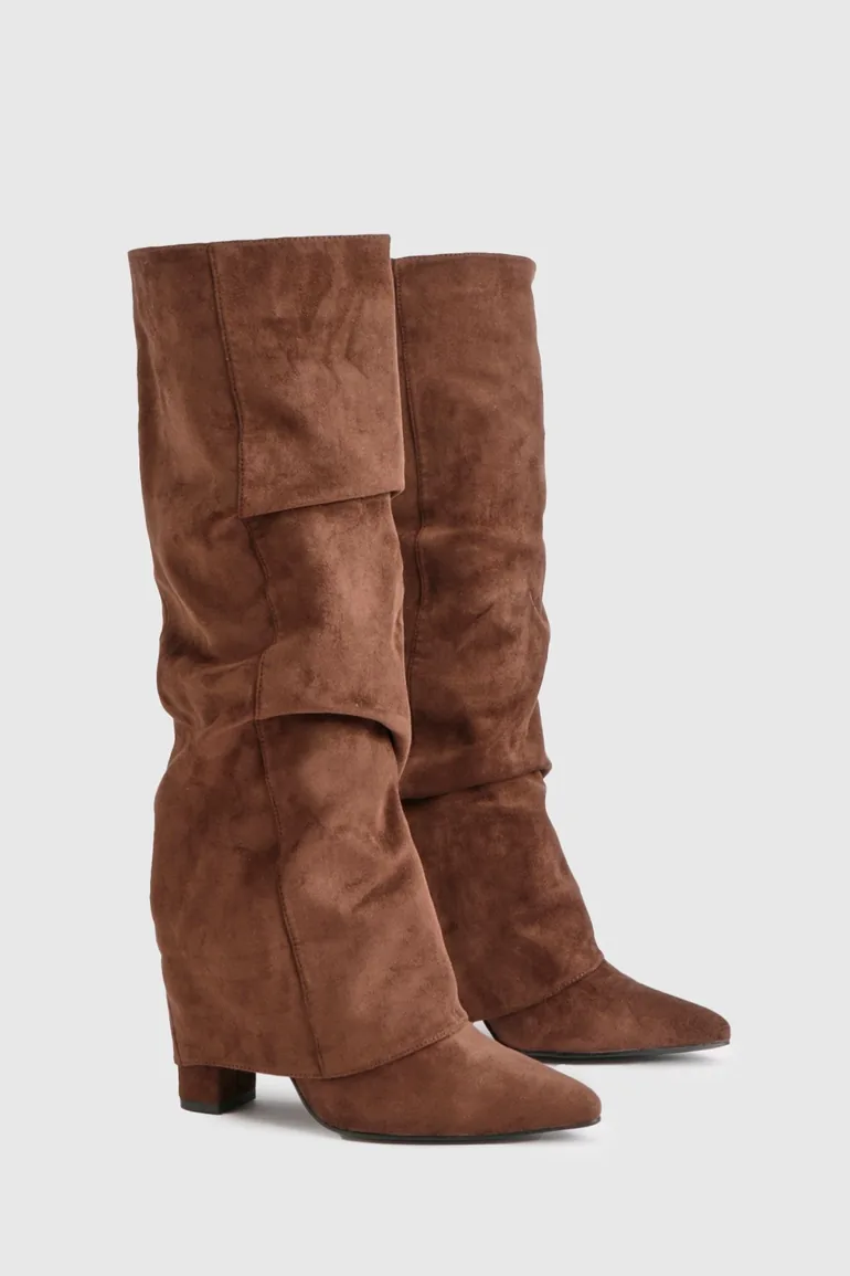 Faux Suede Slouchy Knee High Fold Over Boots - chocolate - 1
