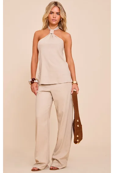 Petite Stone Wide Leg Pull On Trousers