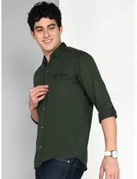Men Olive Cotton Twill Shirt - 2