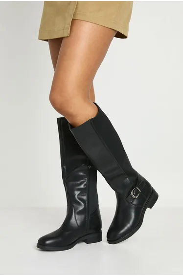 Wide Fit Buckle Stretch Knee High Flat Boots - black