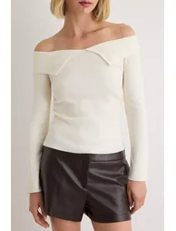 Ecru Premium Yarn/Special Yarn Carmen Collar Knitwear Sweater - 2