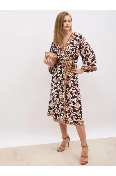 All-Over Print V Neck Wrap Midi Dress