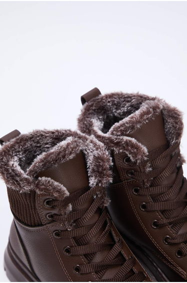 Dark brown fur detailed lace-up women's postal boots product thumbnail 2