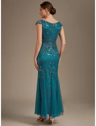 Short Sleeves Off Shoulder Fishtail Embroidered Evening Dresses - 1