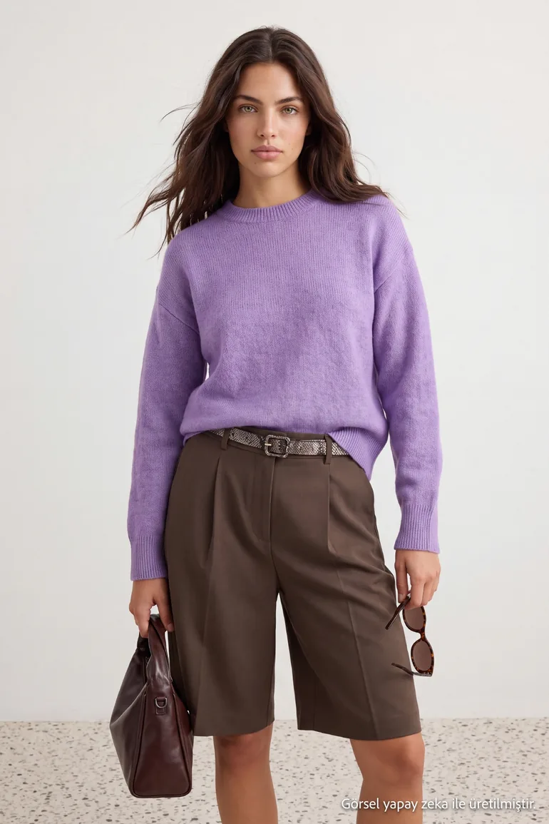 Wardrobe Essentials Lilac Wool Premium Yarn Basic Wide Fit Knitwear Sweater | - 2