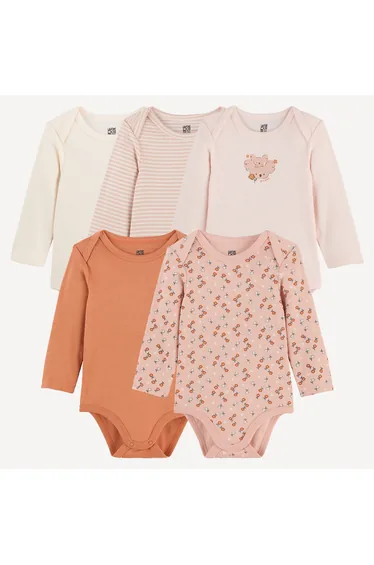Pack of 5 Long Sleeve Bodysuits, 2 Plain, 1 Striped, 1 Chest Print, 1 Floral Print