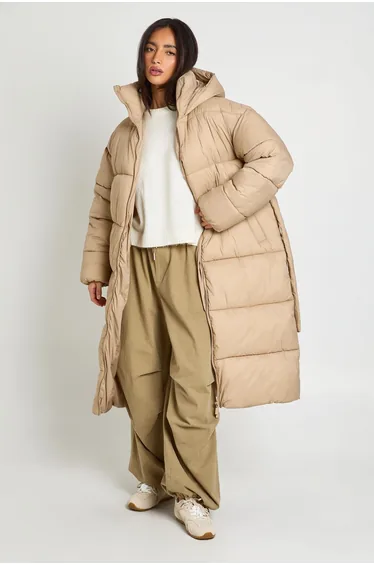 Hooded Belted Longline Puffer Jacket - taupe
