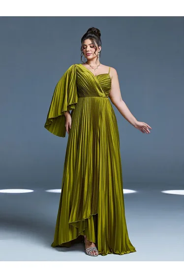 Leely Plus Women's Elegant Asymmetrical Neck Pleated Party Dress