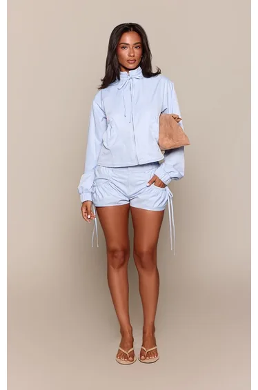 Petite Baby Blue Bubble Hem Zip Up Funnel Bomber Jacket Co-ord