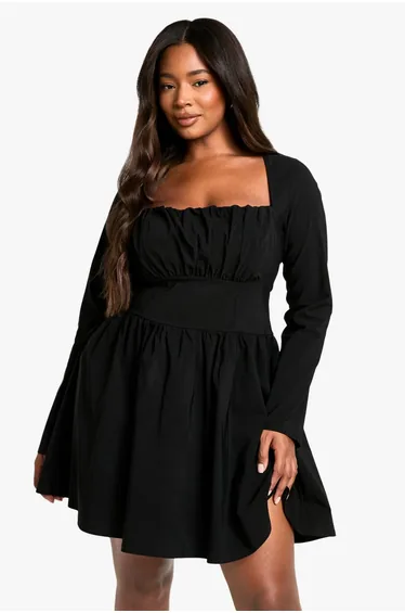 Plus Bengaline Corset Long Sleeve Skater Dress - black